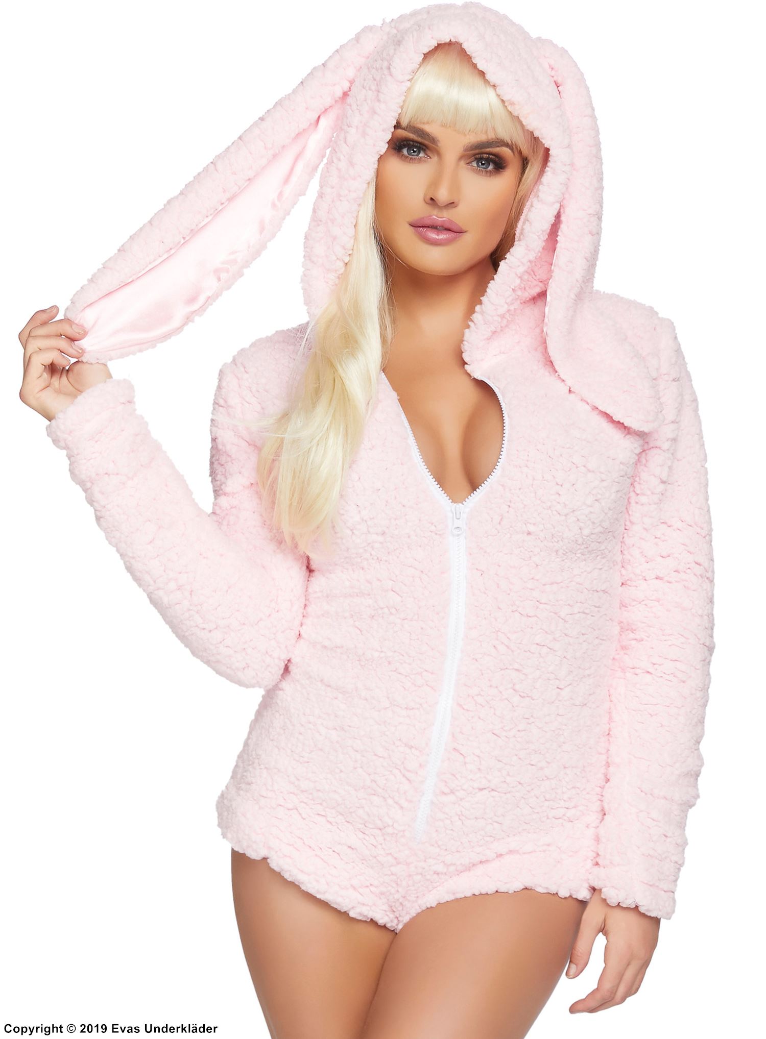 Bunny (woman), teddy costume, hood, front zipper, tail, ears